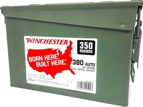 Winchester 380ACP Ammo Can, 2/350rd 95gr FMJ, Metal Case, 8.2x8.25x11.65