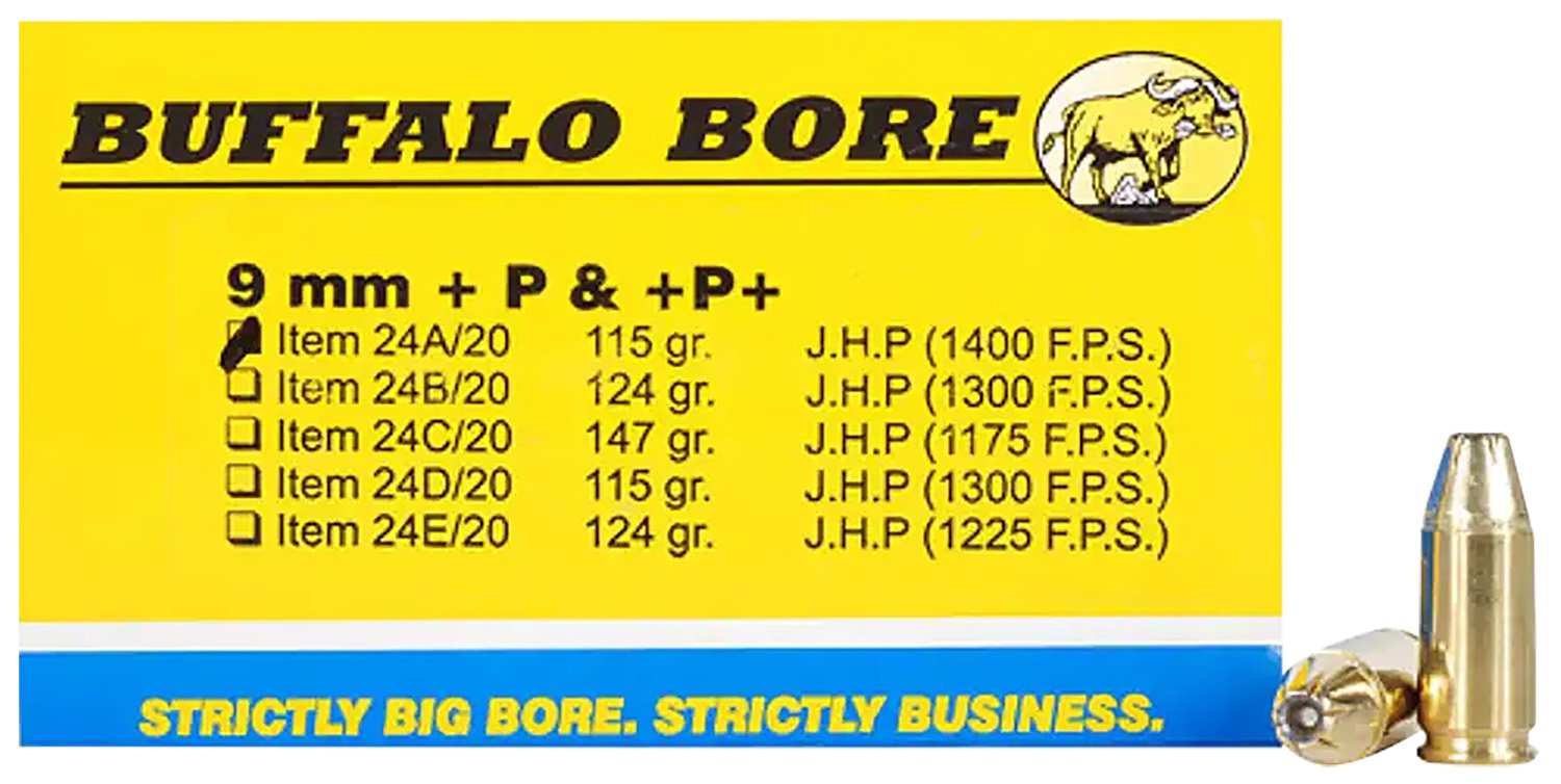 Buy Buffalo Bore 24A20 9mm Luger +P+ 115gr JHP Ammo 20 Rounds online