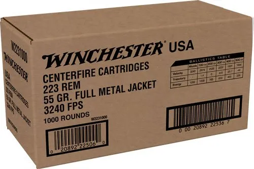 Winchester USA .223 Remington 55gr FMJ 1000rd Case - Full Metal Jacketed Bullets, 55gr Weight, 1000 Cartridges