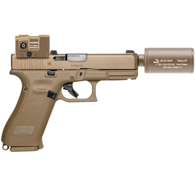 B&T HUSH PUPPY KIT GLOCK 19X TAN 9MM, WIPE SUPRSR, FDE ACRO P-2, 100RDS 147G AMMO (BT-HUSH-CAN)