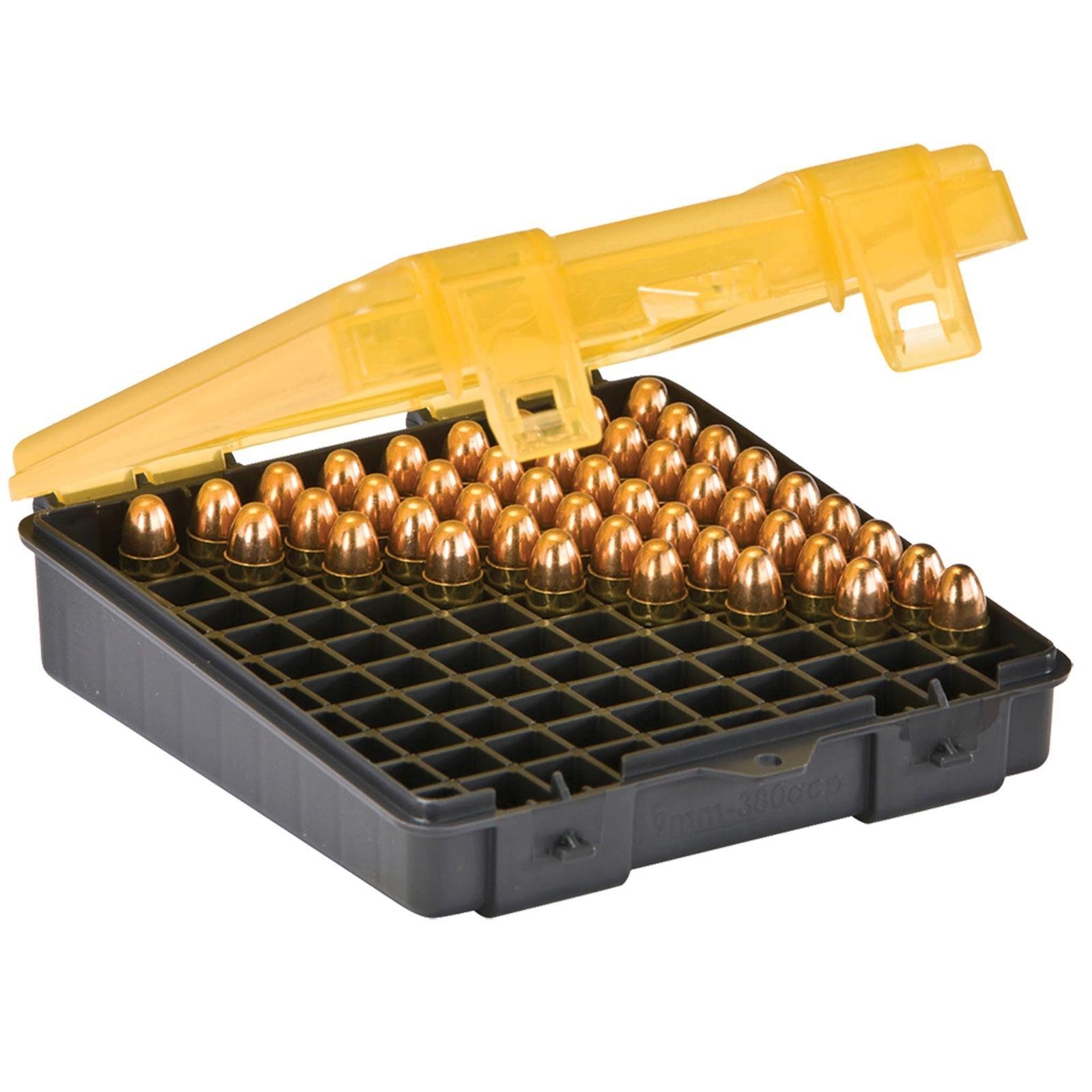 Plano 100 Count Handgun Ammo Storage Case 9mm Luger/.380 Auto Polymer Dark Gray/Transparent Amber - Plano Molding Company - .380 ACP, 9mm