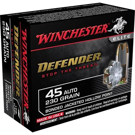 Winchester S45PDB 45 Auto Defender Bonded JHP 230 Gr 20-Round Box - Winchester - 45 Auto for sale at Bang-Bang Tactical