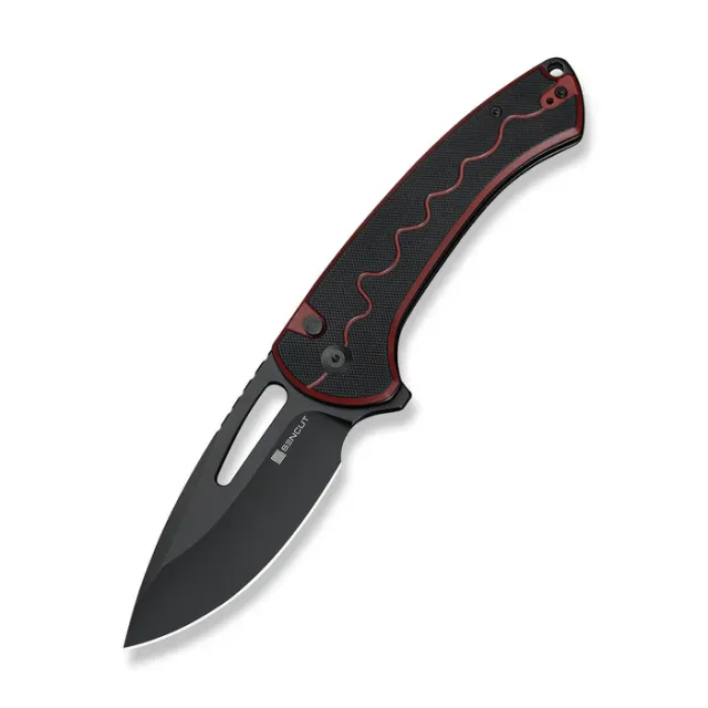 SENCUT Squiggy Flipper & Thumb Hole & Button Lock Knife Burgundy / Black G10 Handle - SENCUT