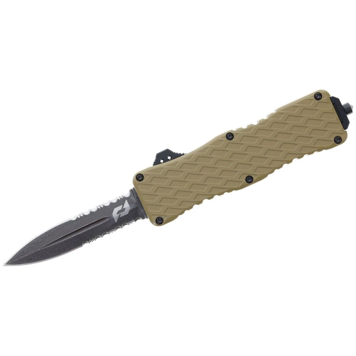 Buy Schrade Uproar Knife - D/A OTF, 3" Serrated Dagger D2 Steel Blade, FDE Aluminum Handle, 3.3oz online