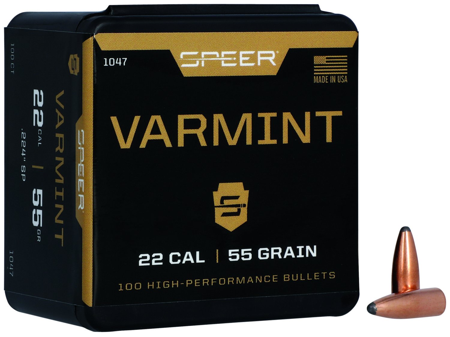 Speer 1047 Varmint 22 Caliber 55gr Jacketed Soft Point 100ct Box - Speer - 22 Caliber