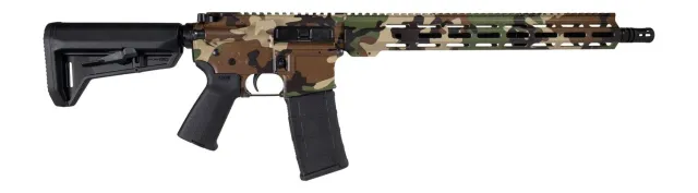 Shark Coast Tactical 300-257-1000-54CC Woodland Camo 5.56 NATO 10+1 16" Black Nitride Barrel, M-81 Woodland Camo Hydro-Dip Aluminum Receiver w/Picatinny Rail, M-LOK Handguard, Black Polymer Stock & G