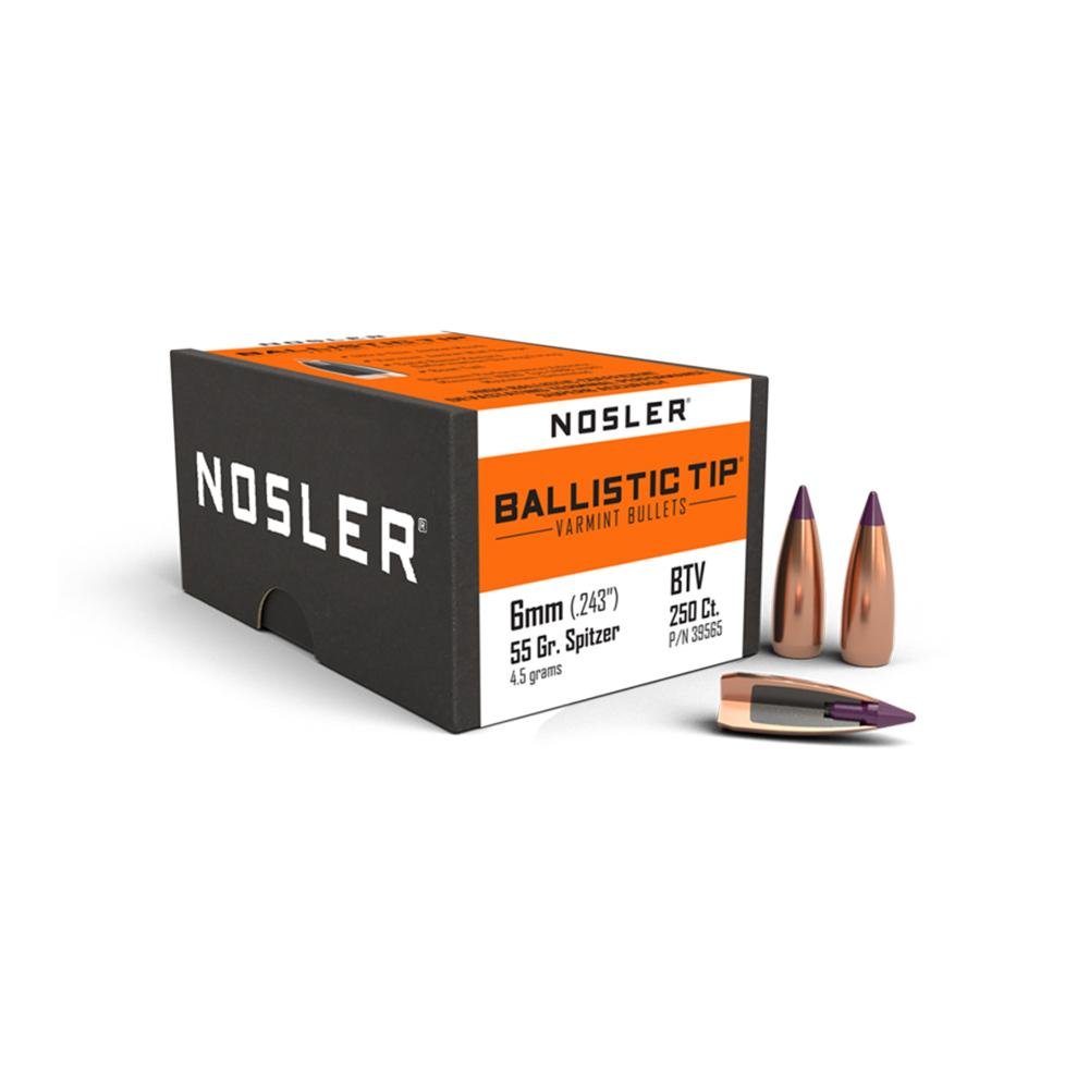 Nosler 39565 6mm .243 55 gr Spitzer Boat Tail Bullets 250 Count - Nosler - 243 CALIBER