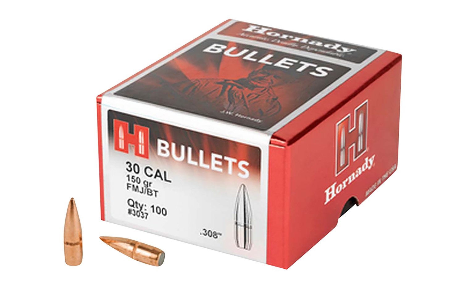 Hornady 3037 Traditional Target 30 Cal .308 150gr FMJ-BT Ammo - 100 Rounds