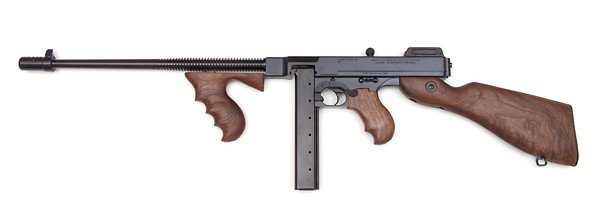 Thompson T1 1927A-1 Deluxe Semi-Auto Carbine, .45 ACP, 16.5" Finned Barrel, 20+1 Capacity, Black Finish, Walnut Stock, Blade/Adjustable Sights, 13lb Weight - Auto-Ordnance - 45 ACP