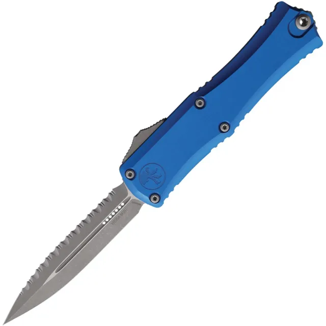 Microtech Hera II Mini 2.96 In D/E Full Serrated Apoc Blue Alu Handle - MICROTECH for sale at Iron and Lace
