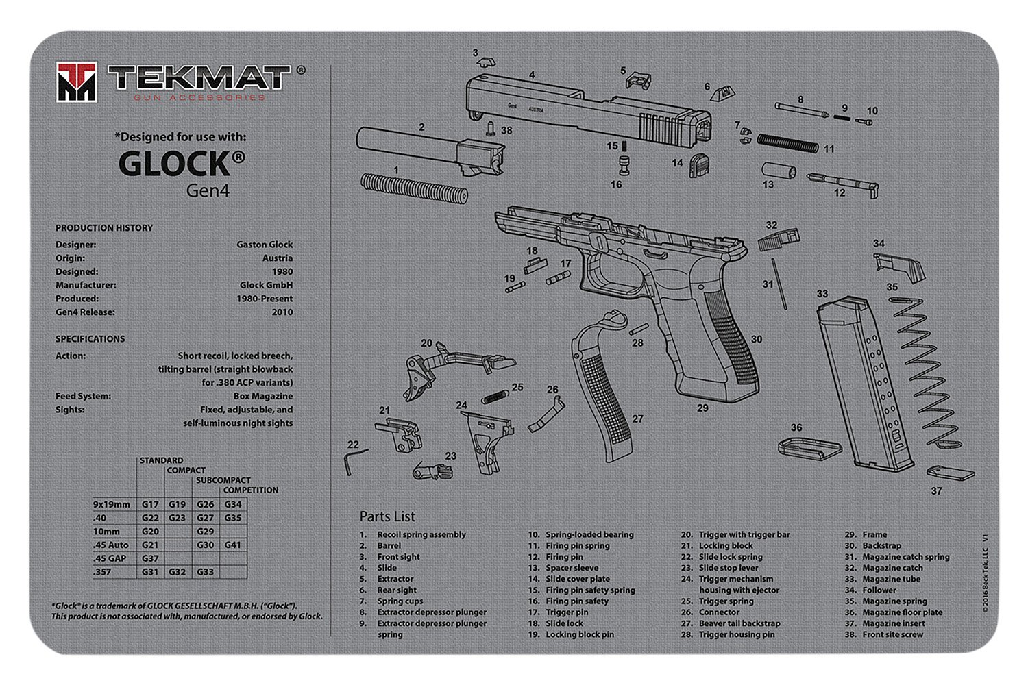 Buy TekMat Glock Gen 4 Cleaning Mat Gray Rubber 11"x17" online