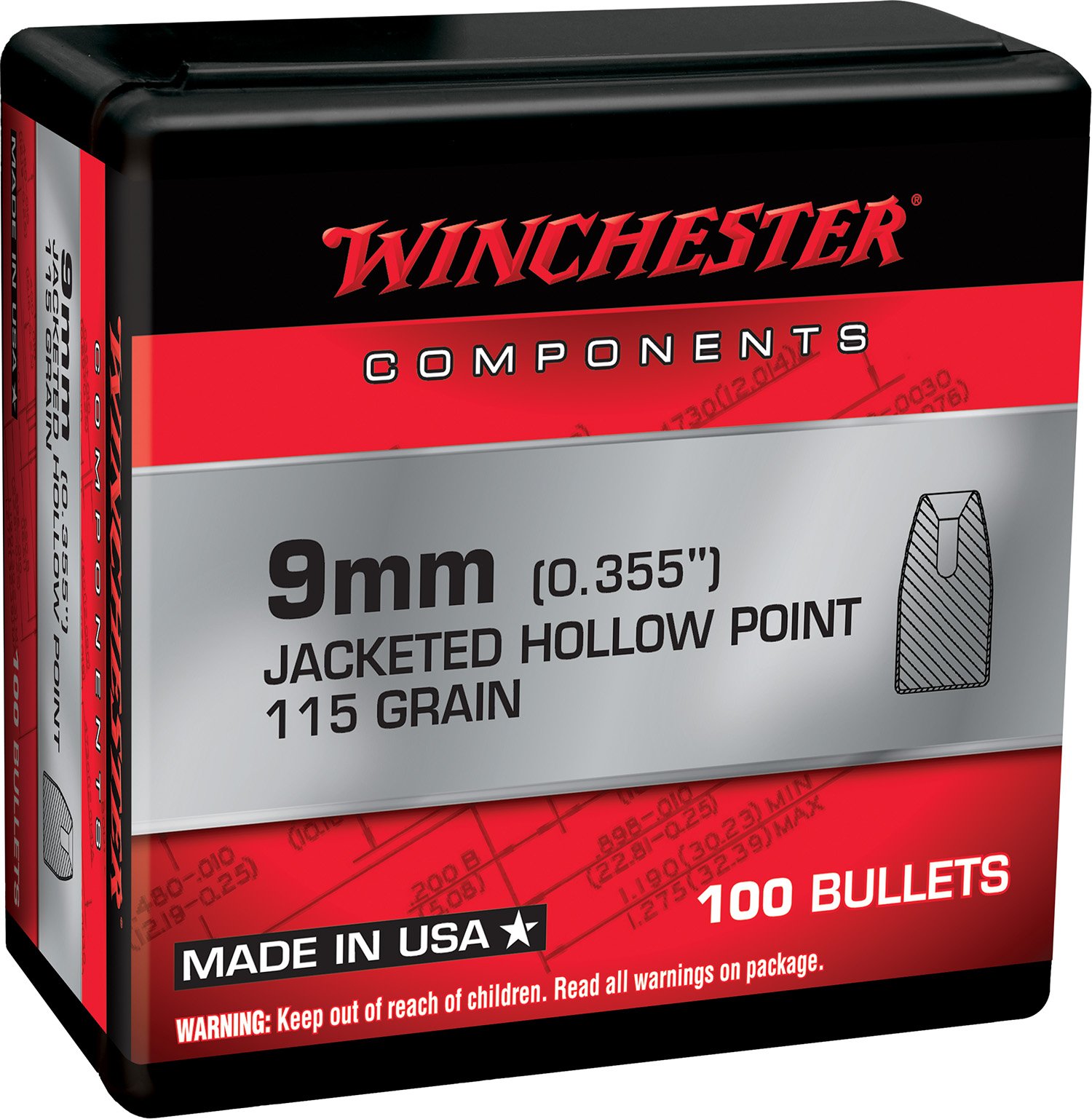 Winchester AMMO Components 9mm JHP 115 Grain 100 Handgun Bullets WB9JHP115X - Winchester - .355