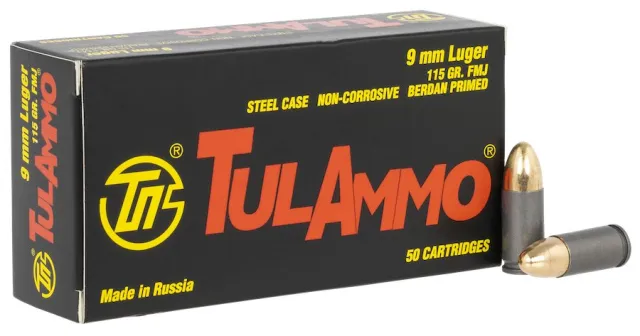 TULAMMO 9mm 115GR FMJ 50RD Box 1230fps Non-Corrosive Steel Case