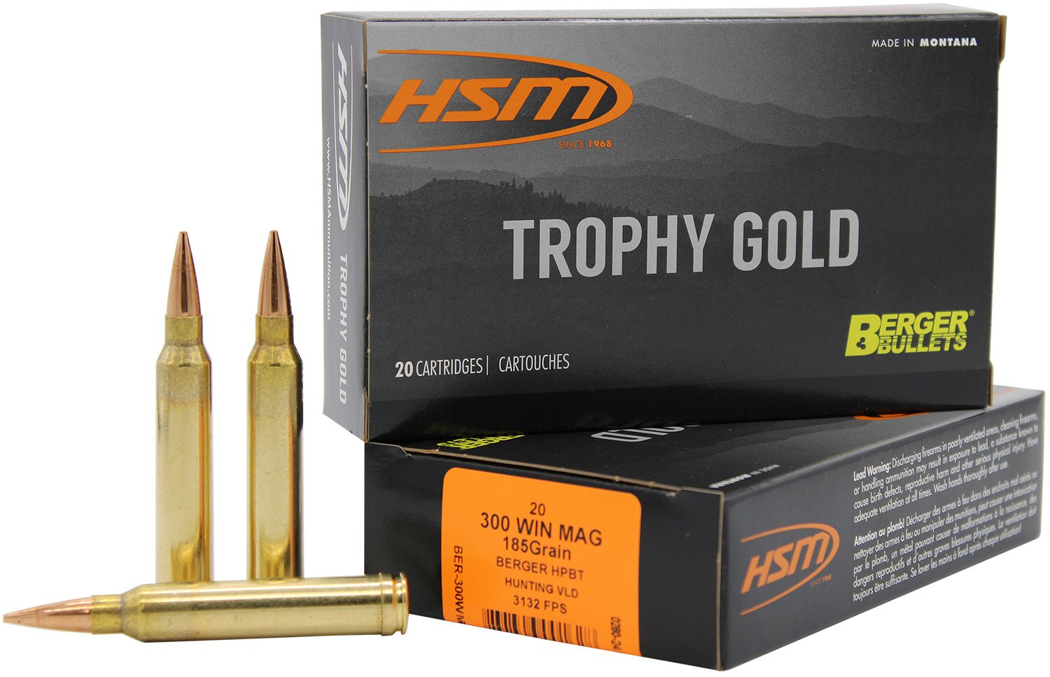 HSM 300WM185VLD Trophy Gold Extended Range 300 Win Mag 185 gr Berger... - HSM Ammunition - .300 WINCHESTER MAGNUM