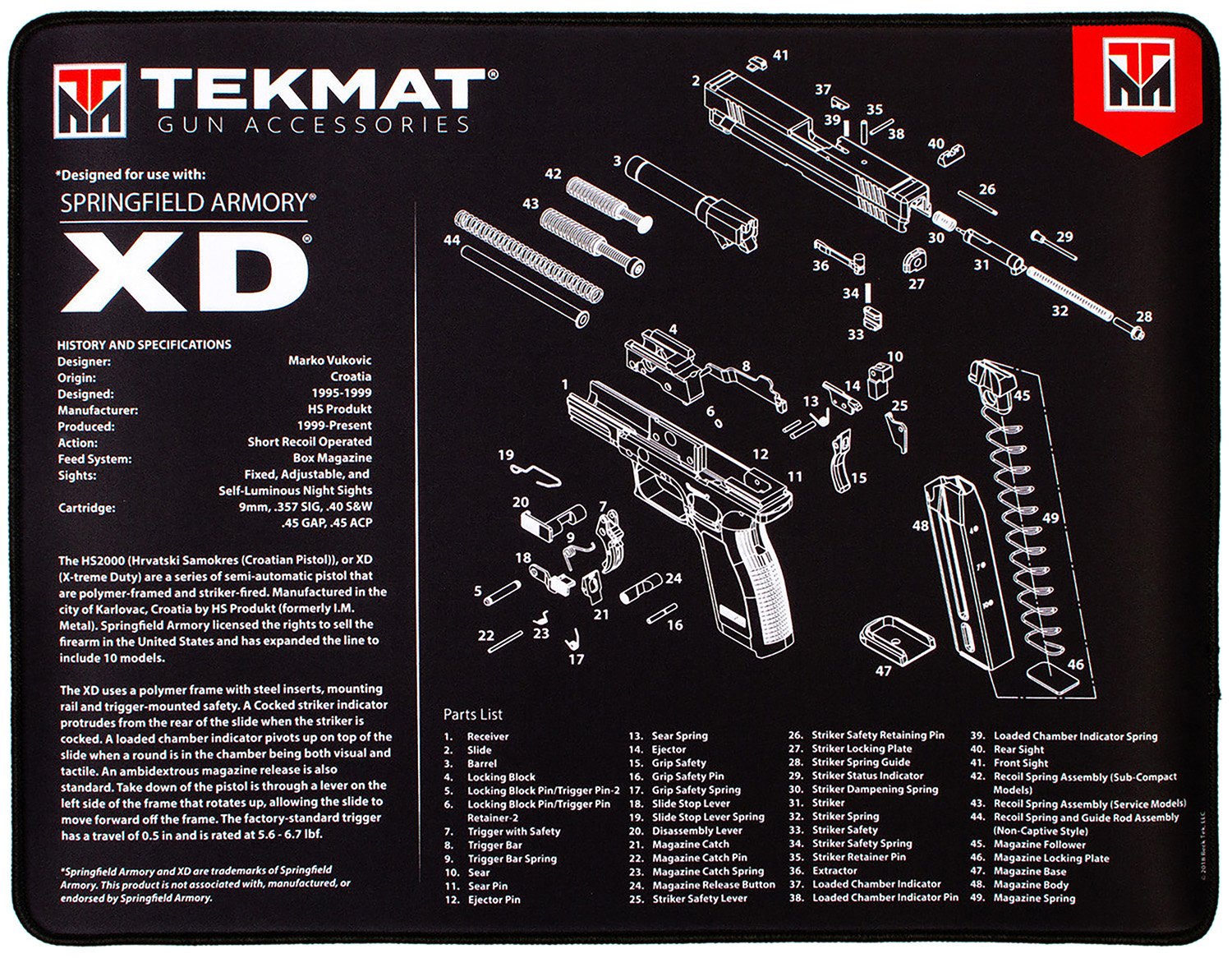 TekMat Ultra Premium Springfield Armory XD Gun Cleaning Mat - 20x15 inch, Black/White, Thick Padding, Stitched Edge - TEKMAT