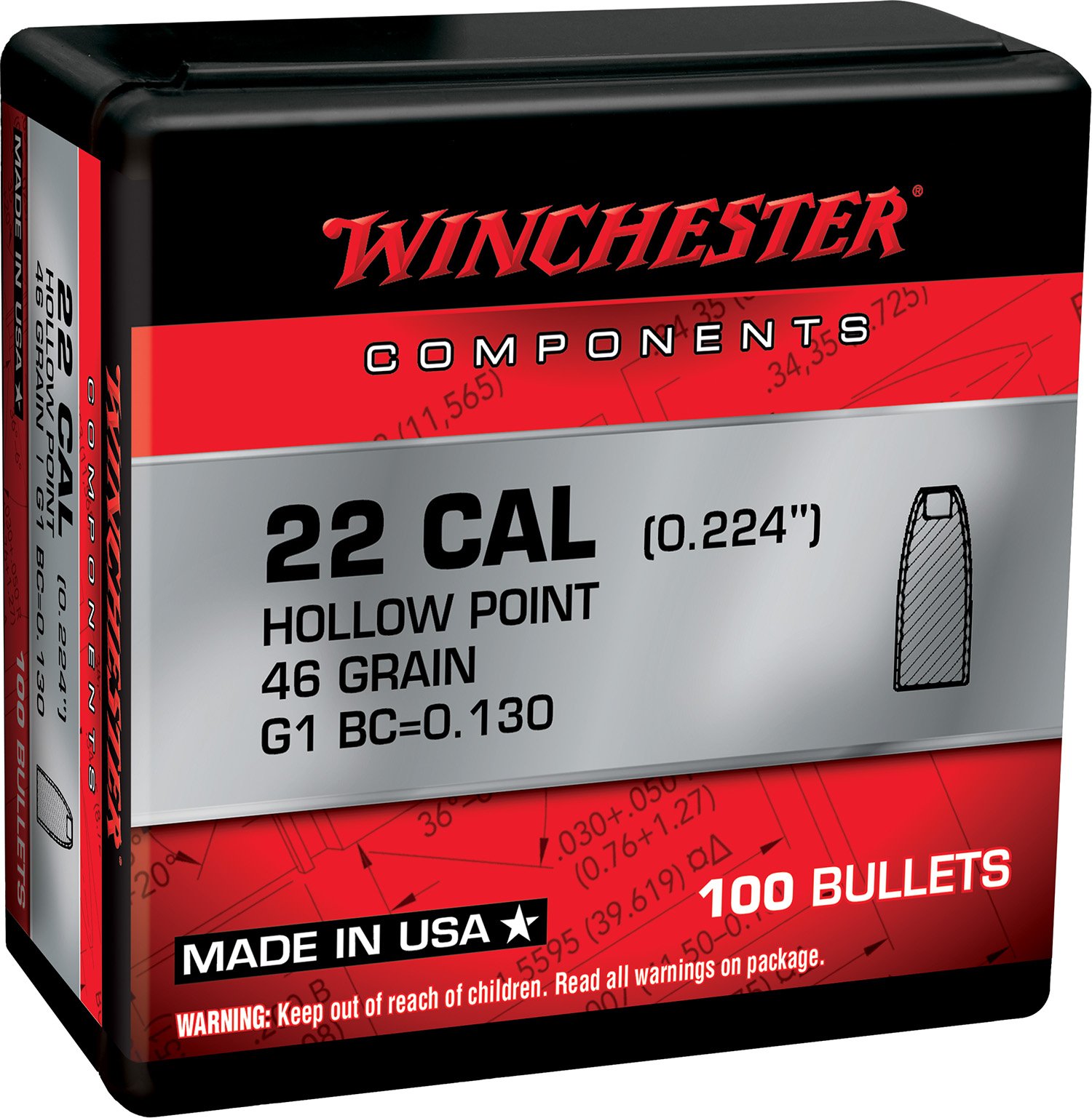 Winchester WB22HP46X .224 46 gr Hollow Point Reloading Bullets - Winchester - .224
