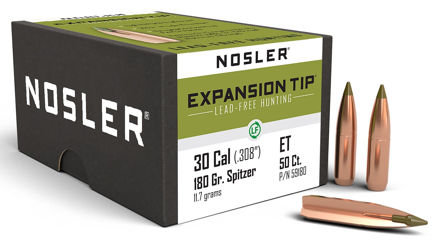 Nosler E-Tip 30 Caliber 180 Grain Boat Tail Lead Free Bullets 59180 - Nosler - 30 Caliber