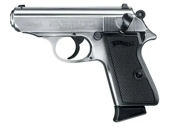 Walther Arms PPK/S 22 LR Compact Handgun, 3.3" Threaded Barrel, Nickel Finish, Stainless Frame, Black Checkered Grips, 10 Round Capacity