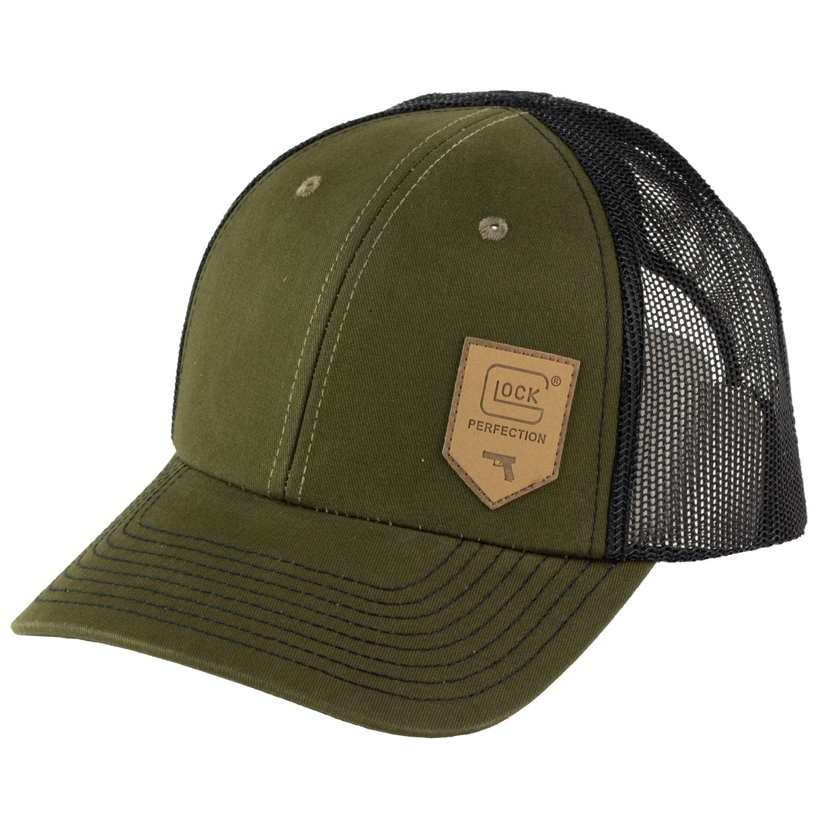 Glock AP95883 Chino Olive/Black Mesh Hat with Leather-Like Shield Patch - Glock