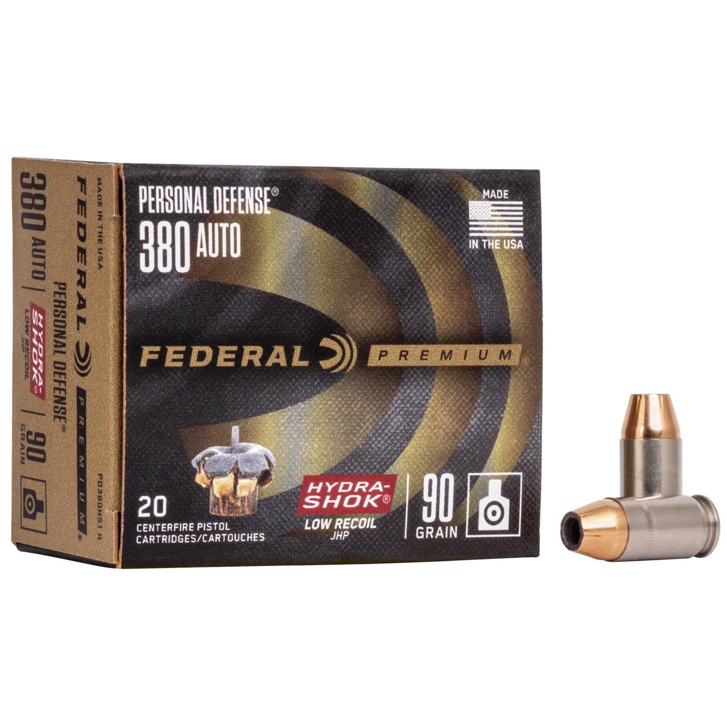 Federal PD380HS1H Premium Personal Defense Low Recoil 380 ACP 90 gr Hydra-Shok Jacketed Hollow Point 20 Per Box/10 Cs - Federal Premium Ammunition - 380 Auto