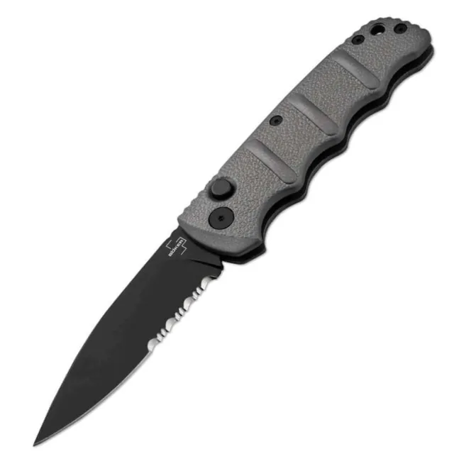 BOK KALS 3.35/SERR/PLN/DRP/BLK GREY ALUMIUM HANDLE BOKER PLUS KALS BLK/GREY SER. D2, Alumium , Grey, Button Auto - BOKER