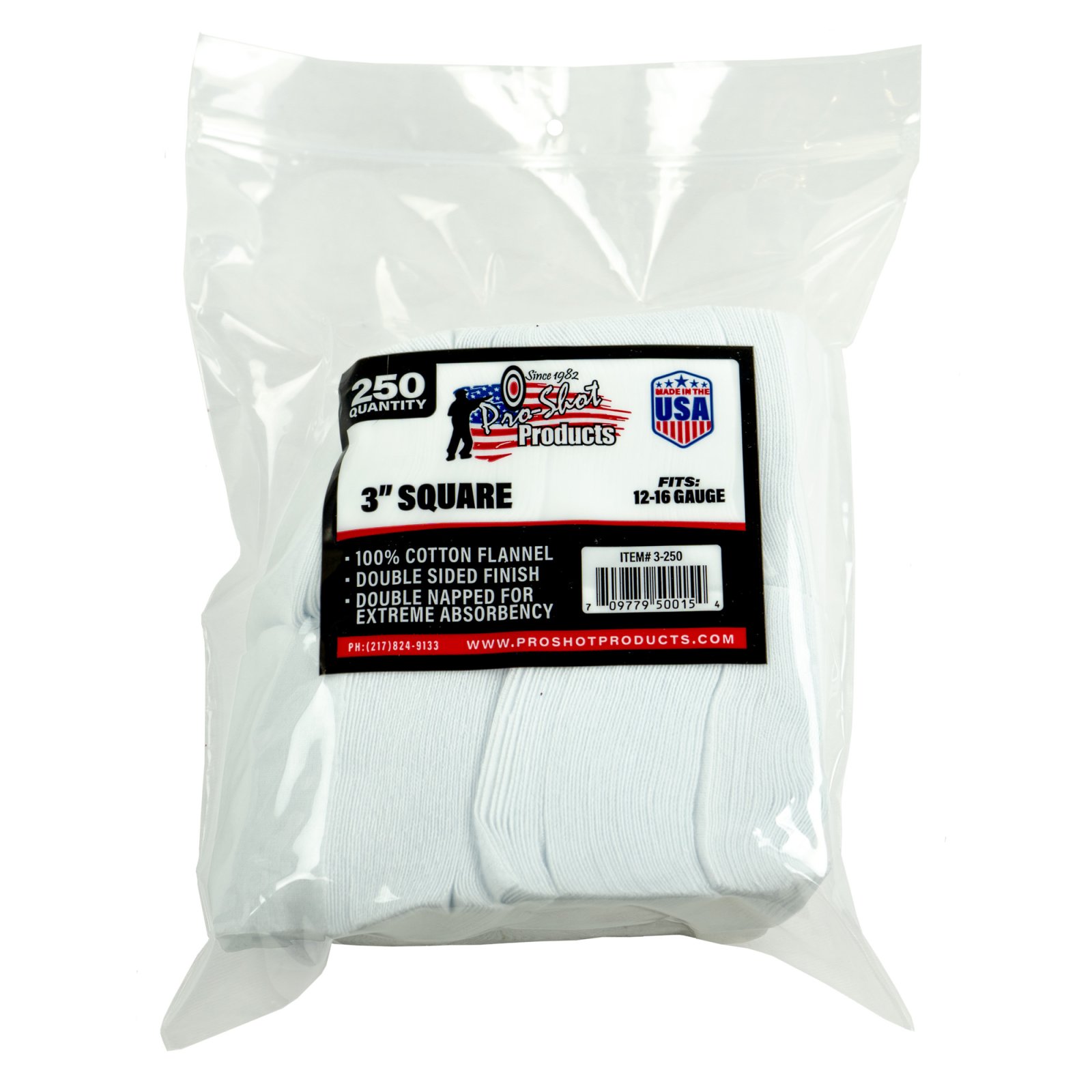 Pro-Shot 3 Square 100% Cotton Patches 250/ct - Pro-Shot Products - 3"