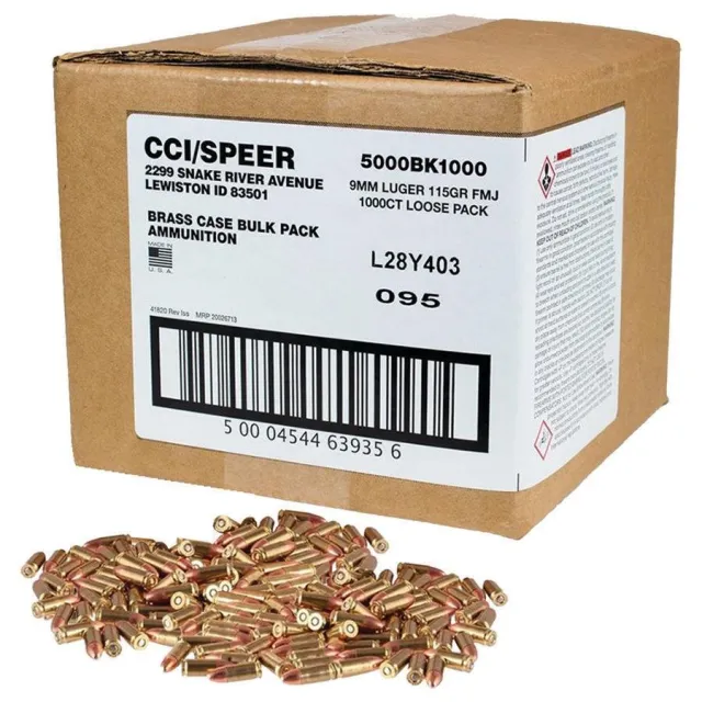 CCI Blazer Brass 5000BK1000 9mm 115gr FMJ 1145fps 1000 Rounds Loose Pack - CCI - 9mm