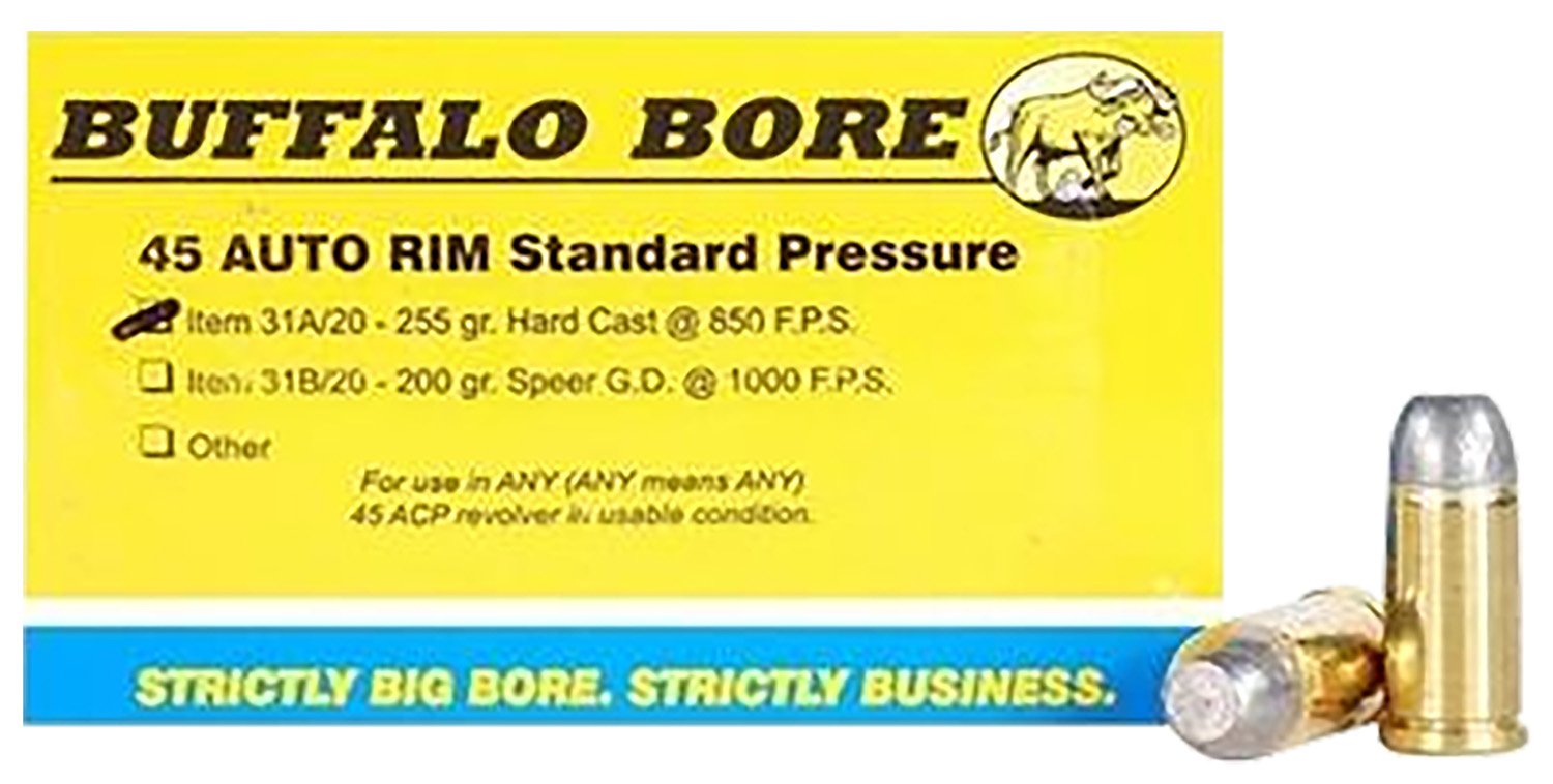 Buffalo Bore 31A20 45 Auto Rim 255gr Hard Cast Flat Nose Ammo 20 Rounds - BBA - 45 Auto Rim