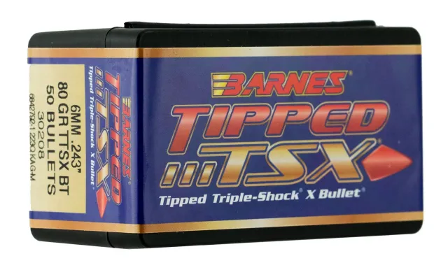 Barnes 30208 Tipped TSX 6mm 80gr Boat Tail Bullets 50/Box - Barnes Bullets - 243 Caliber