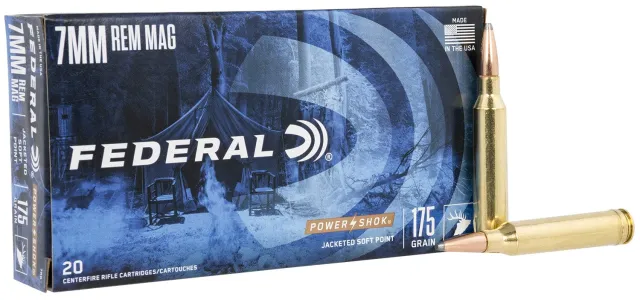 Federal 7RB Power-Shok Hunting 7mm Rem Mag 175 gr Jacketed Soft Point (JSP) Ammo - 20 Rounds per Box/ 10 Boxes per Case - Federal Premium Ammunition - 7mm Rem Mag