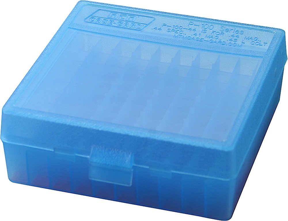 MTM Case-Gard P-100 Original Series Flip Top Handgun Ammo Box .41/.44 Magnum/.45 Long Colt Holds 100 Rounds Clear Blue - MTM Case-Gard - 454 Casull