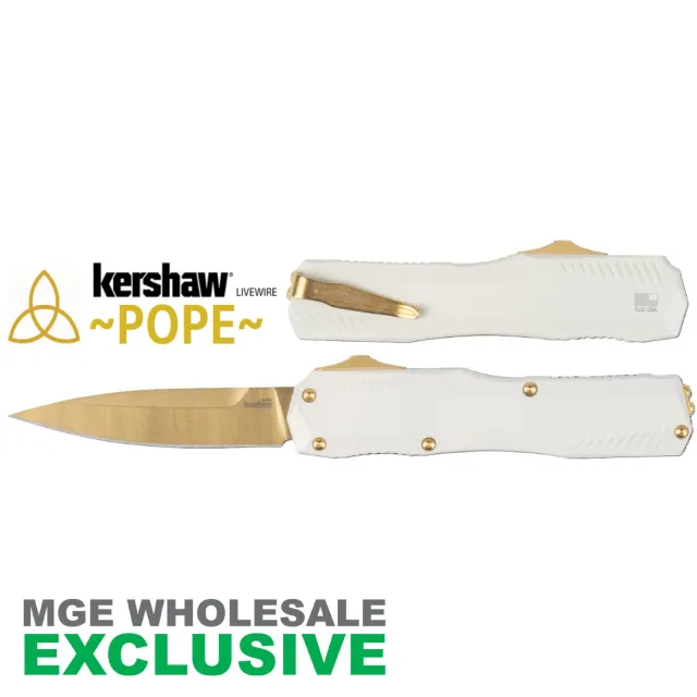KERSHAW LIVEWIRE POPE WHITE HANDLE GOLD BLADE MGE Exclusive - Kershaw