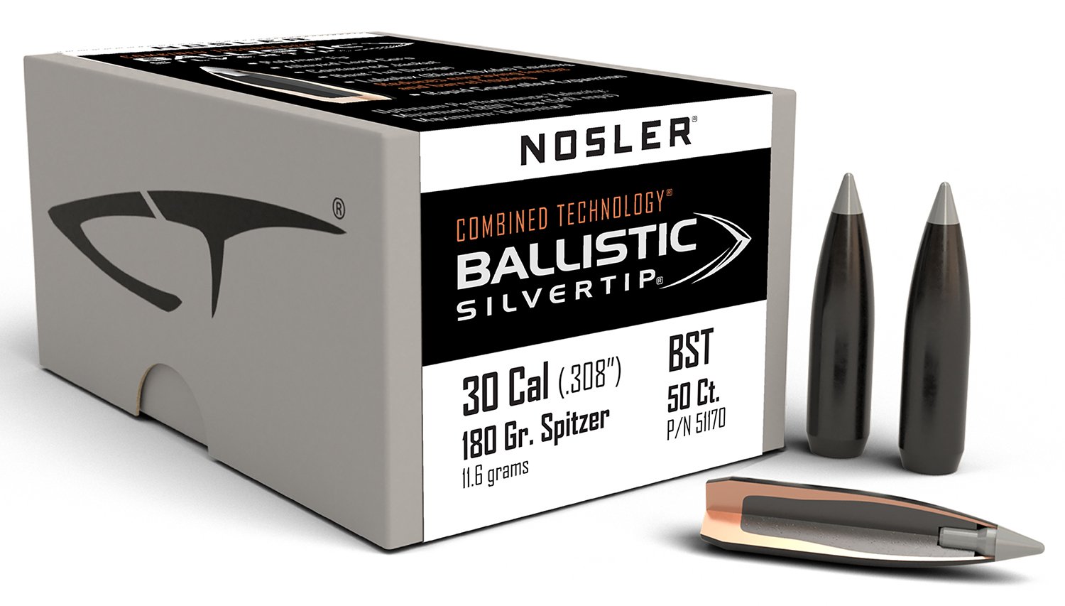 Nosler 51170 Ballistic Silvertip Hunting 30 Cal .308 180 gr Spitzer Point 50 Per Box - Nosler - 30 Cal