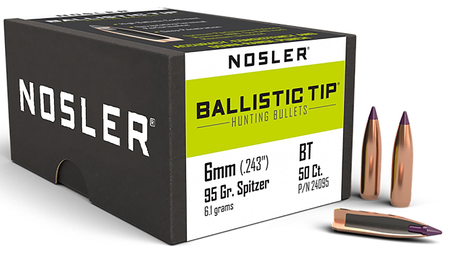 Nosler Ballistic Tip Hunting 6mm .243 95 GR Spitzer 24095 50 Per Box - Nosler - 243 Caliber