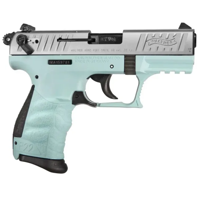 Walther Arms P22Q Angel Blue .22 LR Pistol, 3.42" Threaded Barrel, 10-Round Capacity, 17oz Weight, 2 Magazines Included