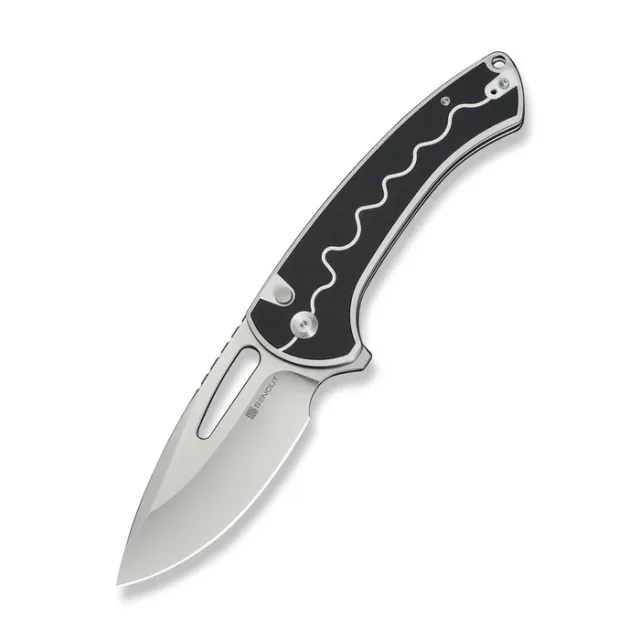 SENCUT Squiggy Flipper & Thumb Hole & Button Lock Knife White / Black G10 Handle - SENCUT