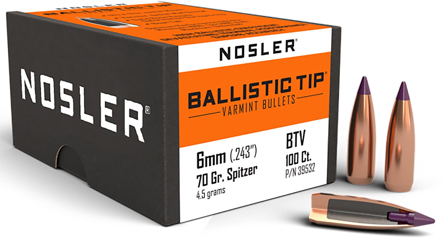 Nosler 39532 Ballistic Tip Varmint 6mm .243 70 gr Spitzer Point 100 Box - Nosler - 6mm