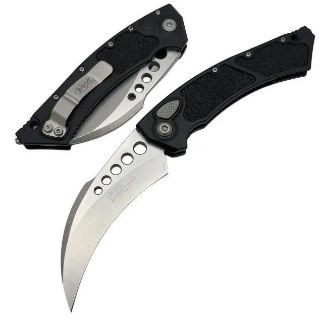 Microtech 166-10 Hawk Bill Auto 3.95 In Stonewash Black Aluminum Handle - MICROTECH for sale at Iron and Lace