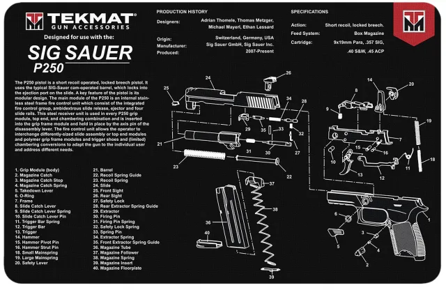 Buy TekMat TEKR17SIGP250 Sig Sauer P250 Cleaning Mat Black/White Rubber 11"x17" Sig Sauer P250 Parts Diagram online