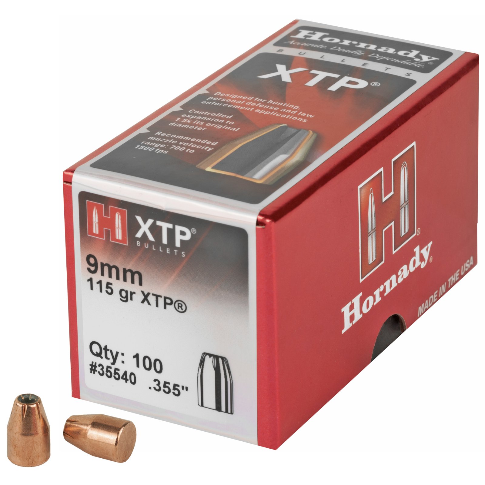 Hornady 35540 9mm .355 115 gr XTP Hollow Point 100ct - Hornady Manufacturing Company - 9mm