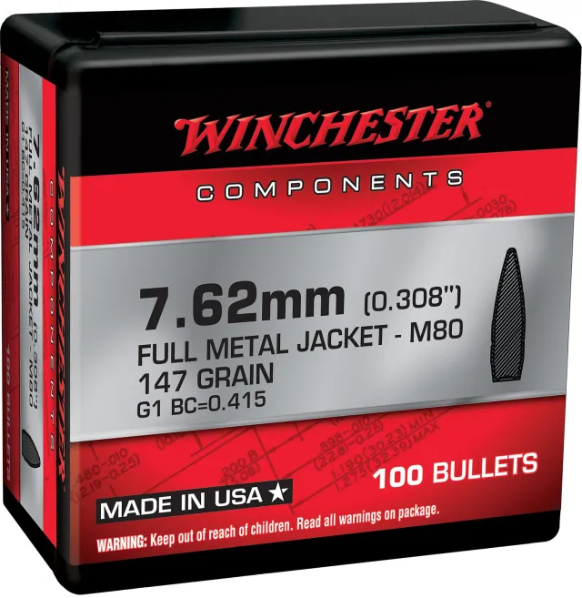 Winchester WB762147NX Centerfire Rifle Reloading 308 Win 7.62x51mm NATO 147 gr FMJ Bullets