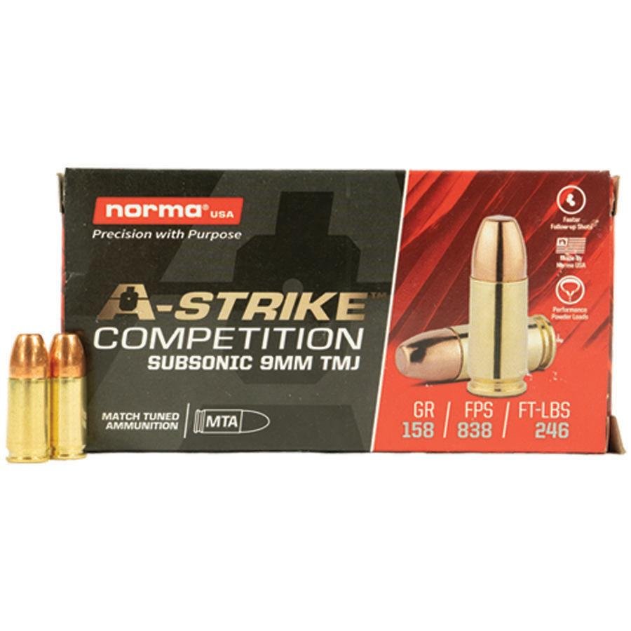 Buy Norma A-Strike Subsonic Ammunition 9mm Luger 158gr TMJ 838 fps 50/ct online