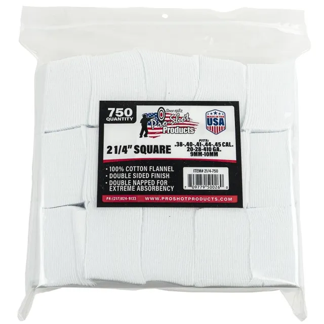 Pro-Shot 100% Cotton Flannel Cleaning Patches 2.25" Square 750ct for .38-.45 Cal/.20-410 GA - Pro-Shot Products - .38-.45