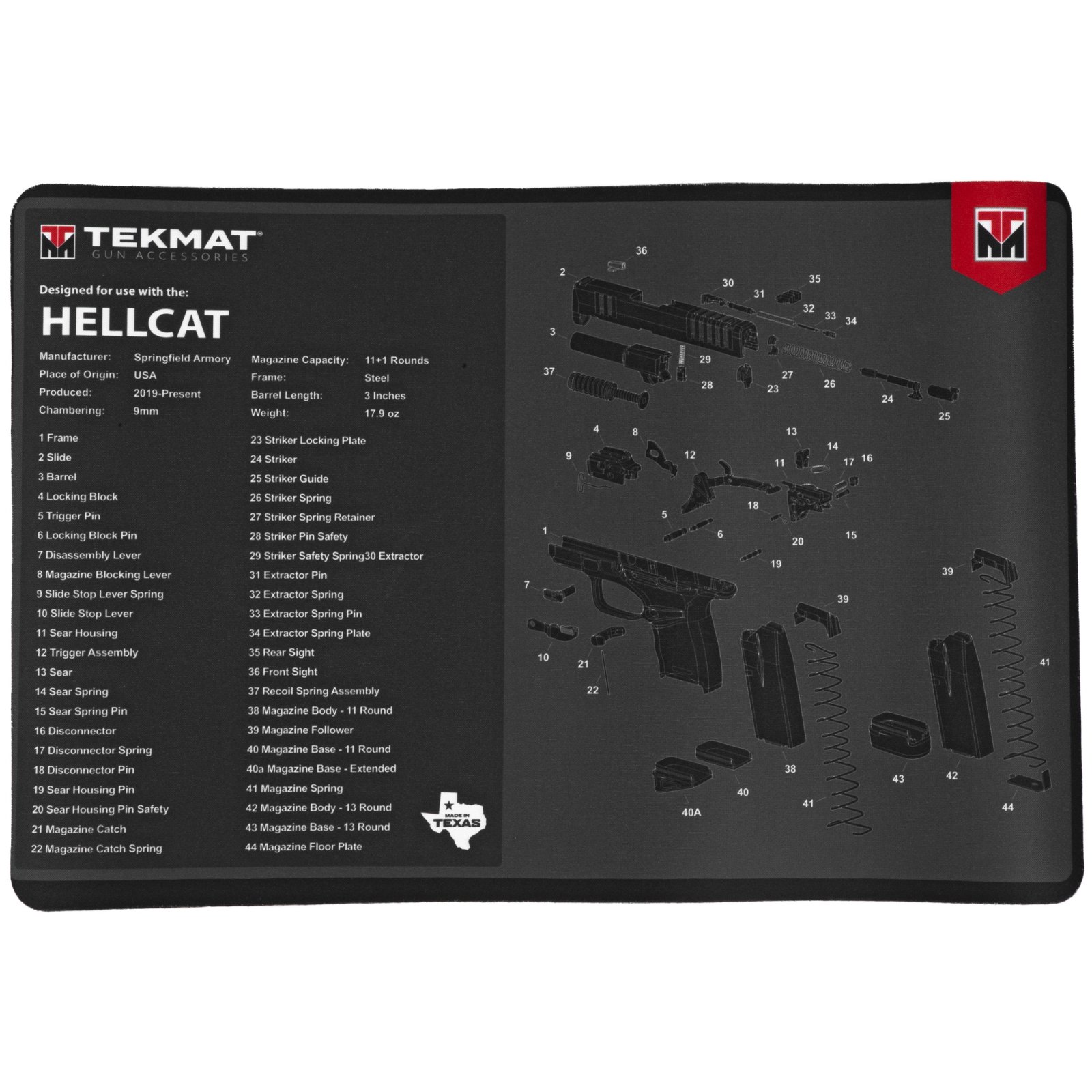 Buy TekMat TEKR17HELLCAT Springfield Armory Hellcat Cleaning Mat Gray/White Rubber 11"x17" Springfield Hellcat Parts Diagram online