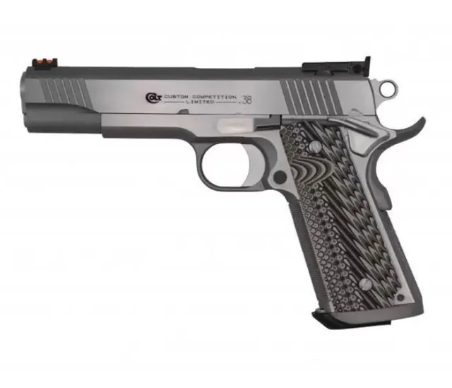 Colt O1073CS 1911 Custom Comp 38 Super Cal 5" NM Barrel, 9+1 Cap, Brushed SS Finish, Serrated Slide, Black G10 Grip & 70 Series