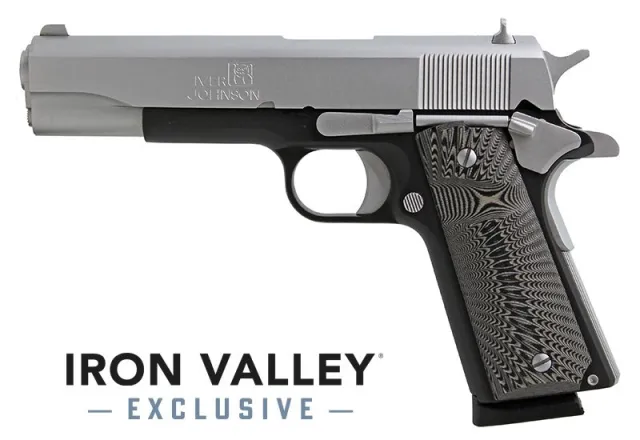 Iver Johnson 1911A1-T/T9 9mm 5" Two-Tone Bl/Chrome Walnut Grips 9rd Mag