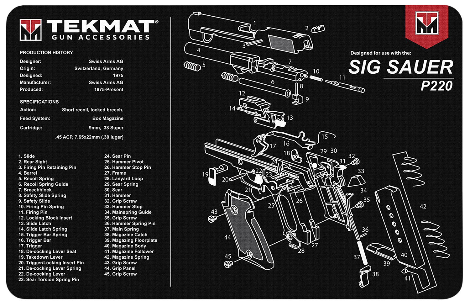 Buy TekMat TEKR17SIGP220 Sig Sauer P220 Cleaning Mat Black/White Rubber 11"x17" Sig Sauer P220 Parts Diagram online