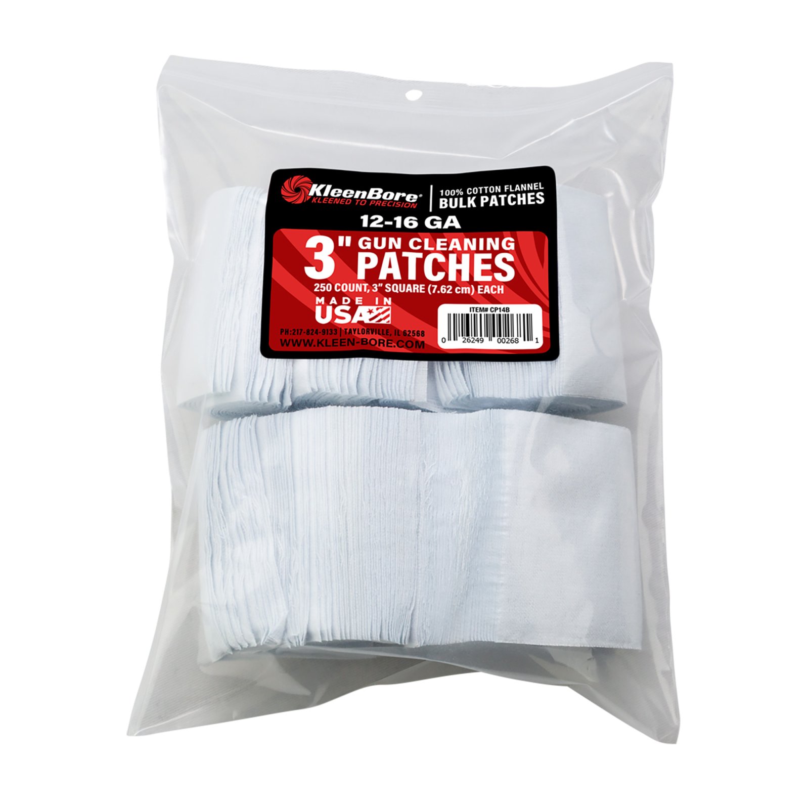 KleenBore SuperShooter Patch 12-16GA 3" Cotton 250 Pack - Kleen Bore