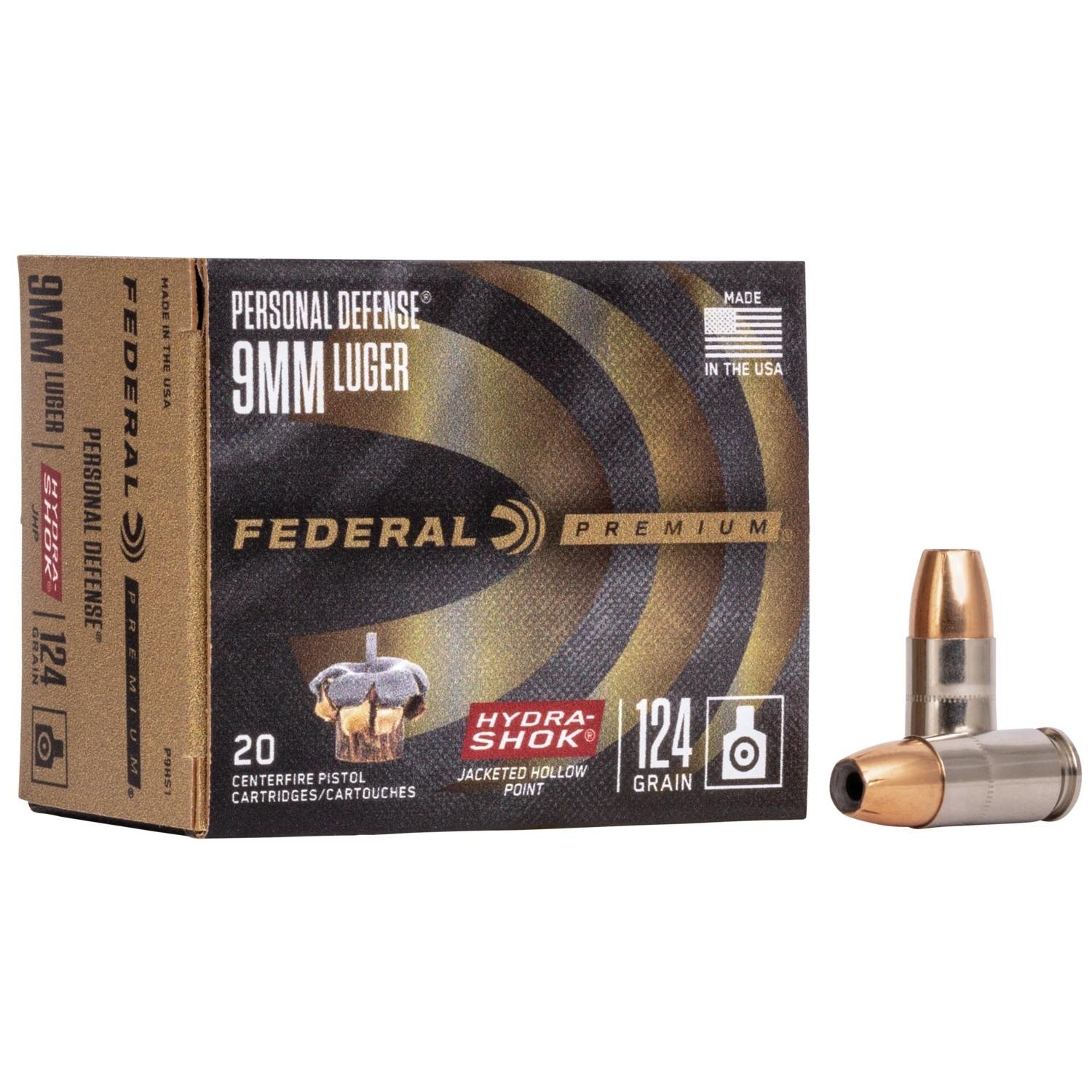 Federal P9HS1 9mm Luger 124 Grain Hydra-Shok JHP 20 Rounds Box - Federal Premium Ammunition - 9mm Luger
