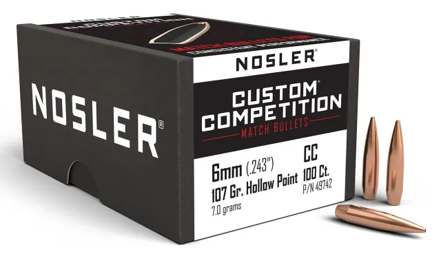 Buy Nosler Custom Competition 6mm, 107gr HPBT Rifle Bullet, 100-Box, Ultra-Precise Lead-Alloy Core, Aerodynamic Efficiency online